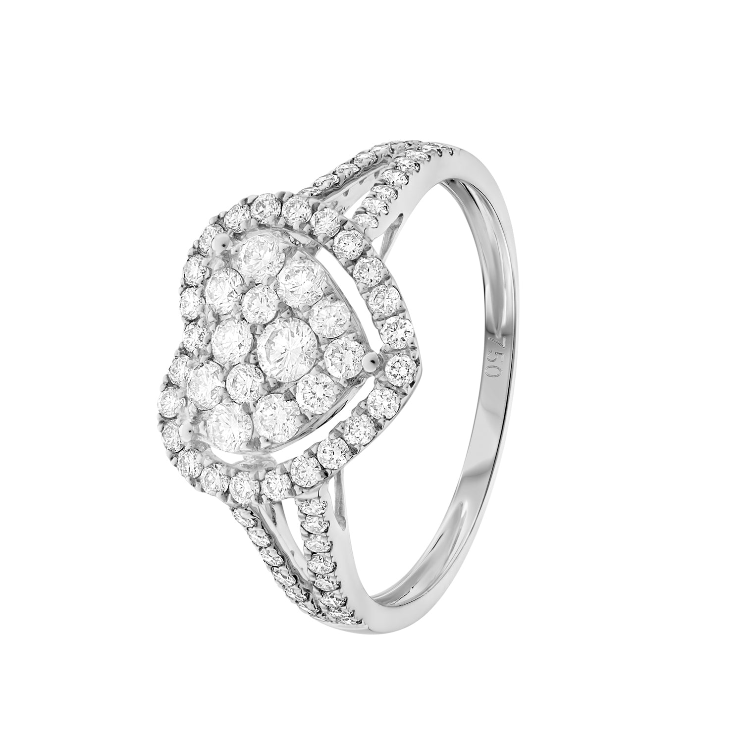 18ct White Gold Heart Halo Cluster Ring With 50% Split Diamond Set Shoulders