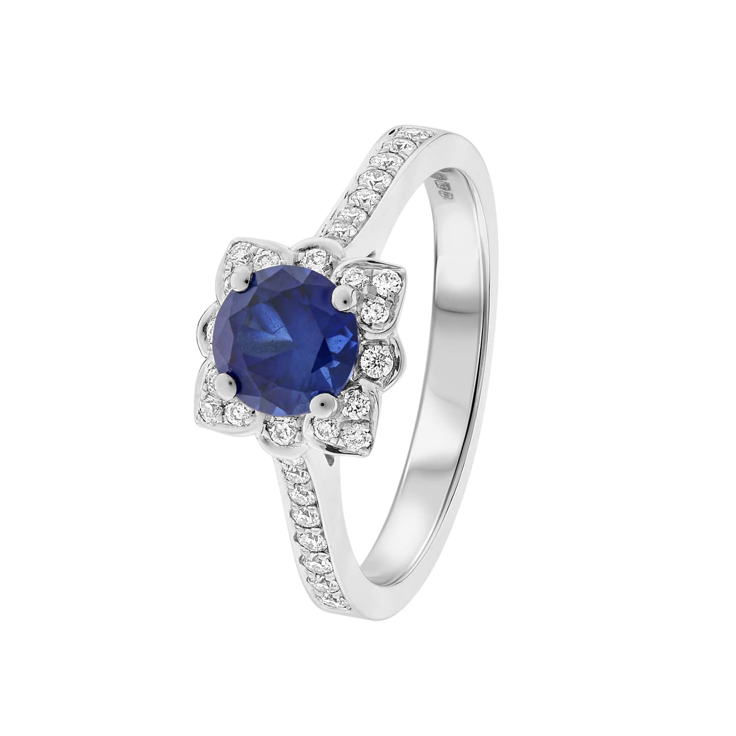 Platinum Sapphire Halo Diamond Set Shoulders Ring