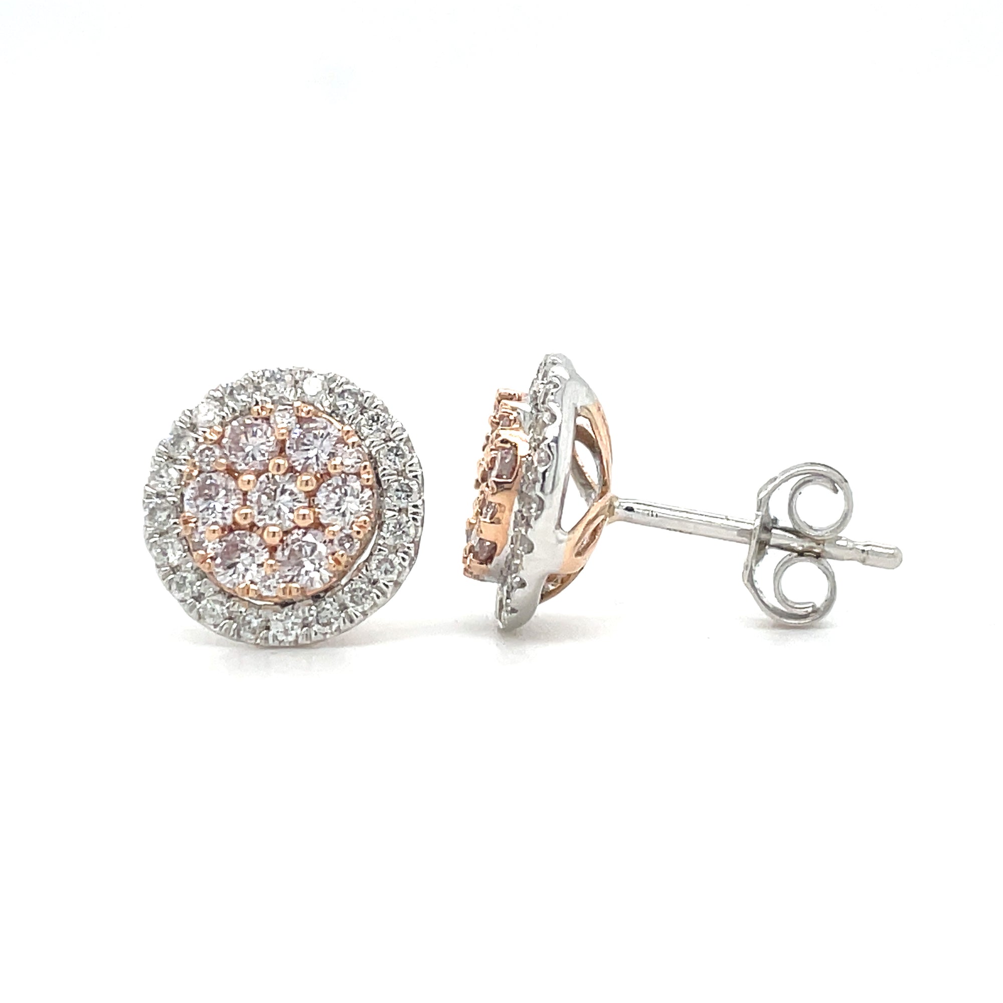 White Pink Round Diamond Cluster Earring Set