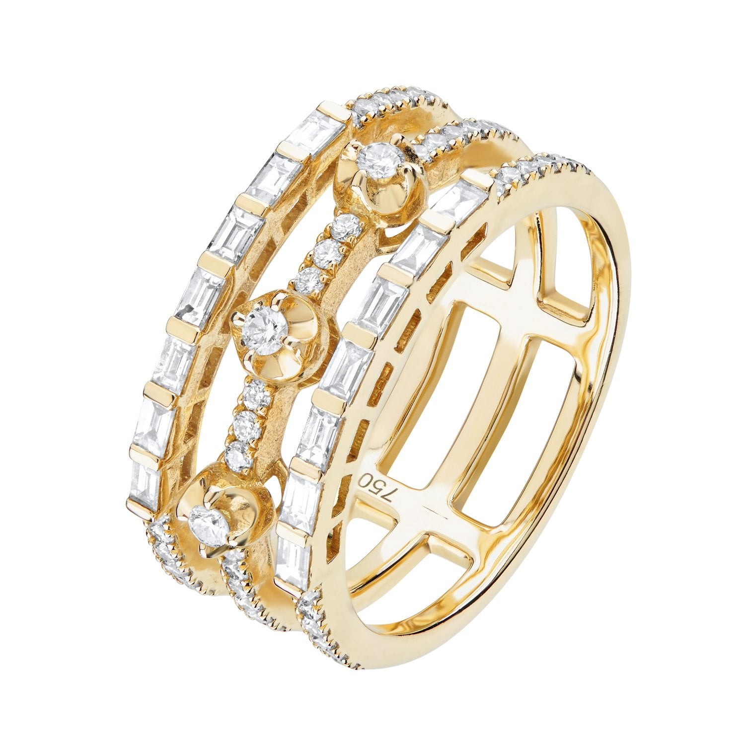Yellow Gold Round and Baguette Diamond 3 Bar Ring
