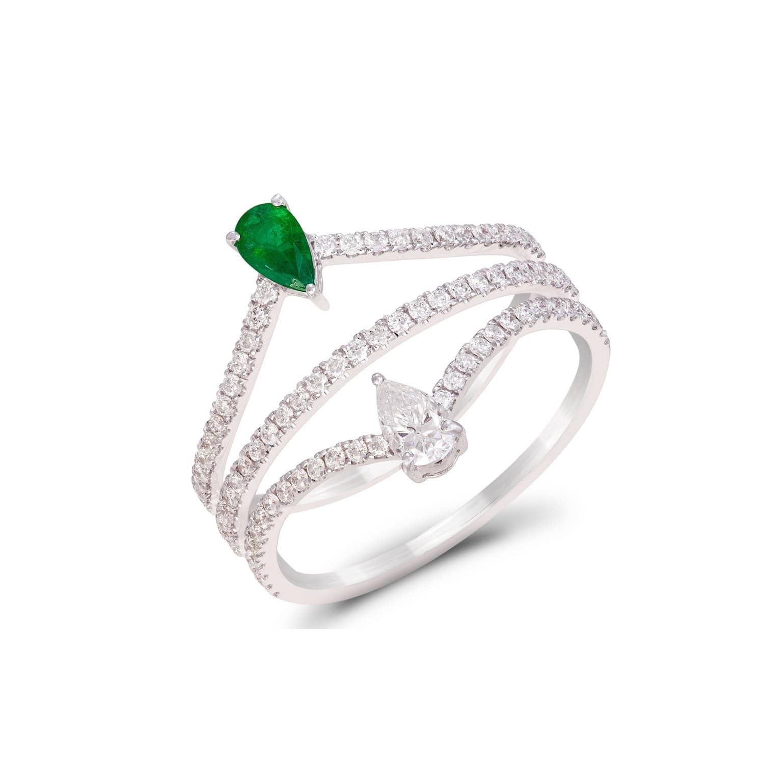 18ct White Gold Three Row Diamond and Emerald Double Pear Ring