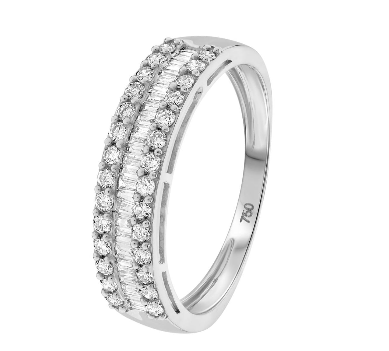 18ct White 3 Row Baguette and Round Diamond Ring