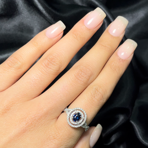 White Gold Diamond Blue Sapphire and Double Halo Ring