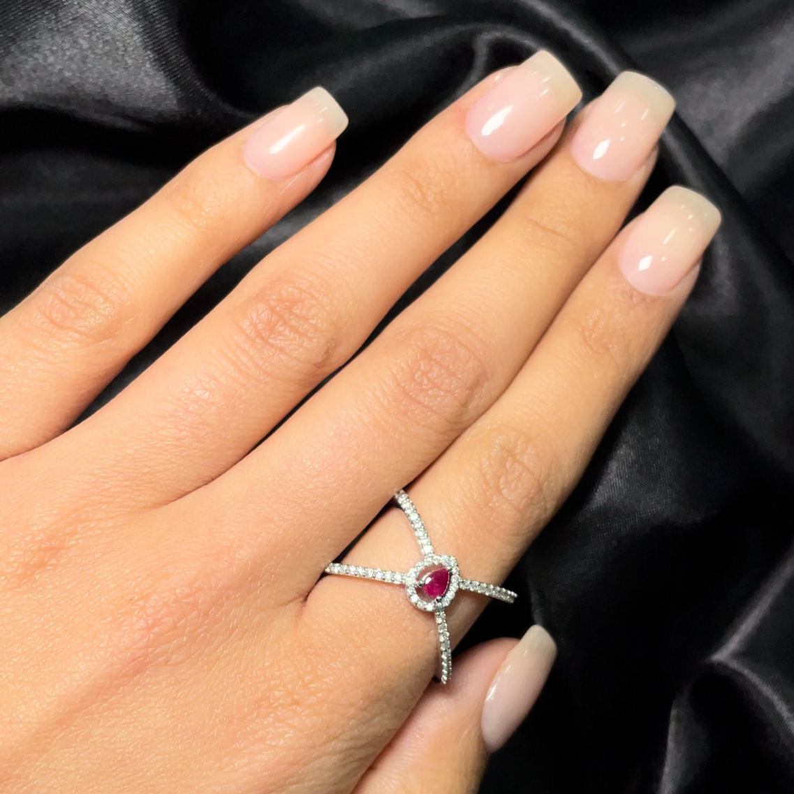 18ct Rose Gold Diamond Ring with a Four Bar Crossover and Ruby Centered