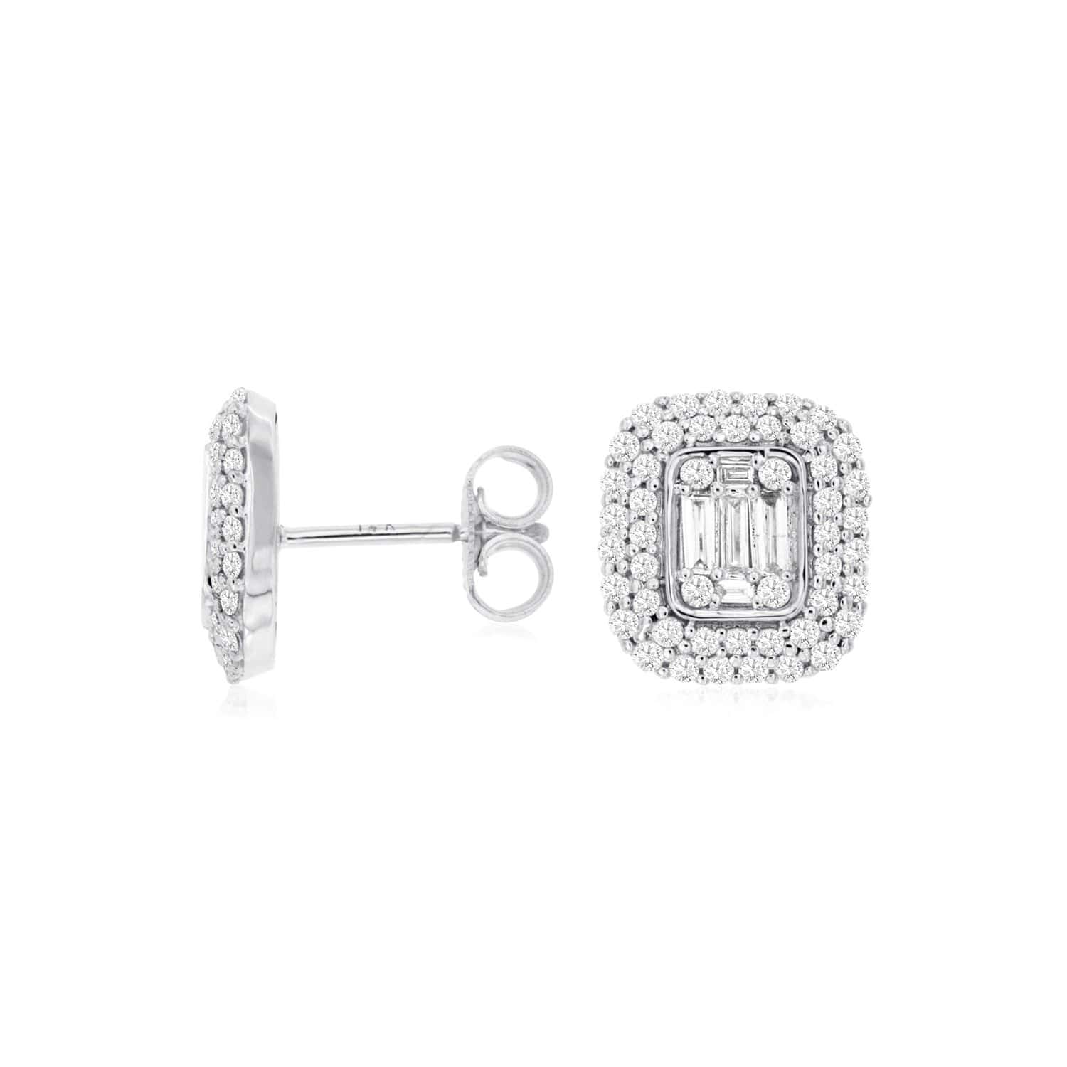 White Gold Double Halo Baguette & Round Diamond Earrings